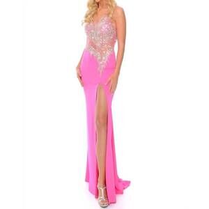NEW PRECIOUS FORMALS beaded mesh stretch crepe evening gown in hot pink